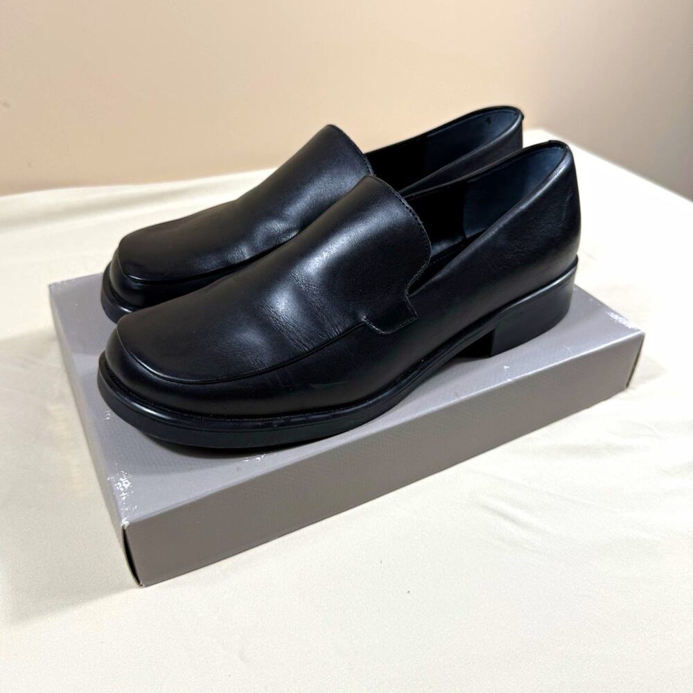 Franco Sarto L-Bocca Black Leather Loafers Slip On Block Heel Womens 10 W Wide
